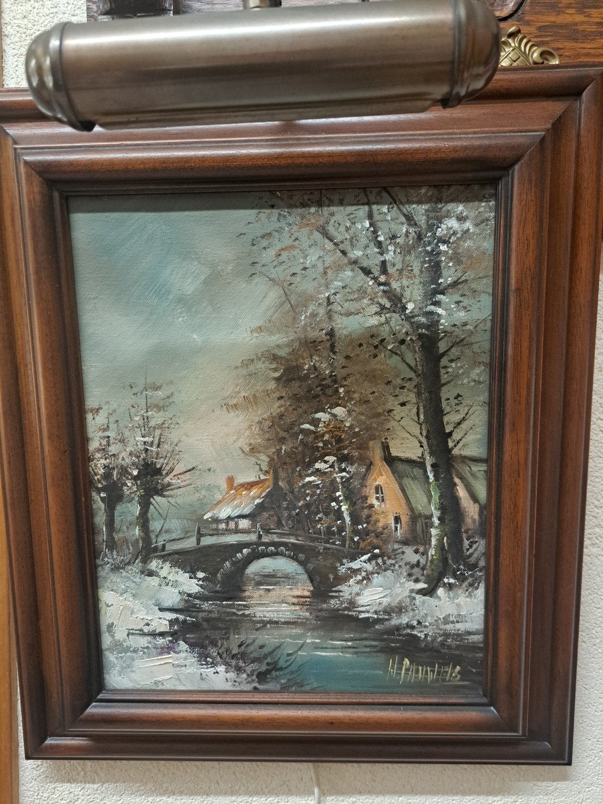 Sfeervol winters landschap schilderij, gesigneerd H. Pauwels, Doek, Realistisch, Ophalen of Verzenden, Landschap