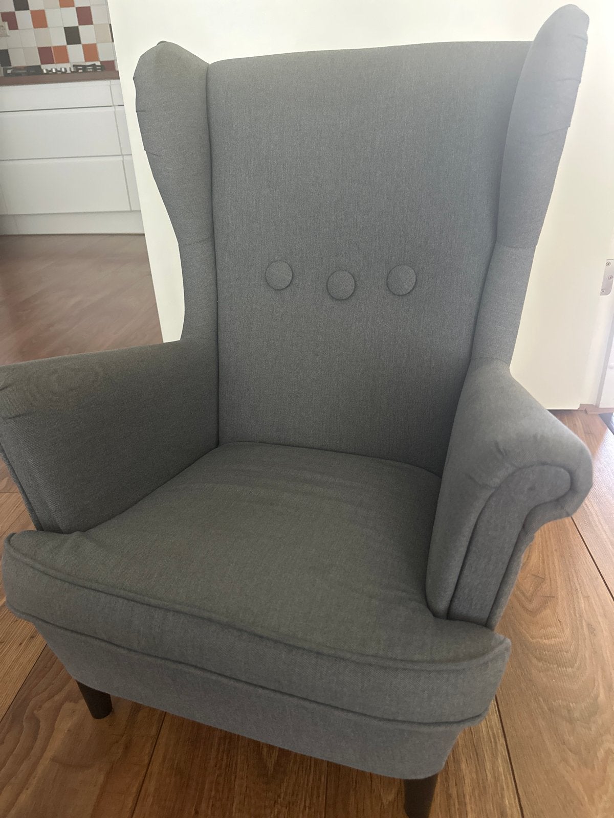 Grijze kinder fauteuil  IKEA STRANDMON, Huis en Inrichting, Fauteuils, Ophalen, 75 tot 100 cm, Zo goed als nieuw, Stof
