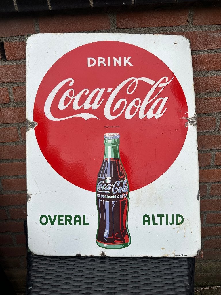 Oud emaille Coca Cola bord. Langcat Bussum. 60 x 46 cm., Verzamelen, Ophalen of Verzenden, Gebruikt, Reclamebord