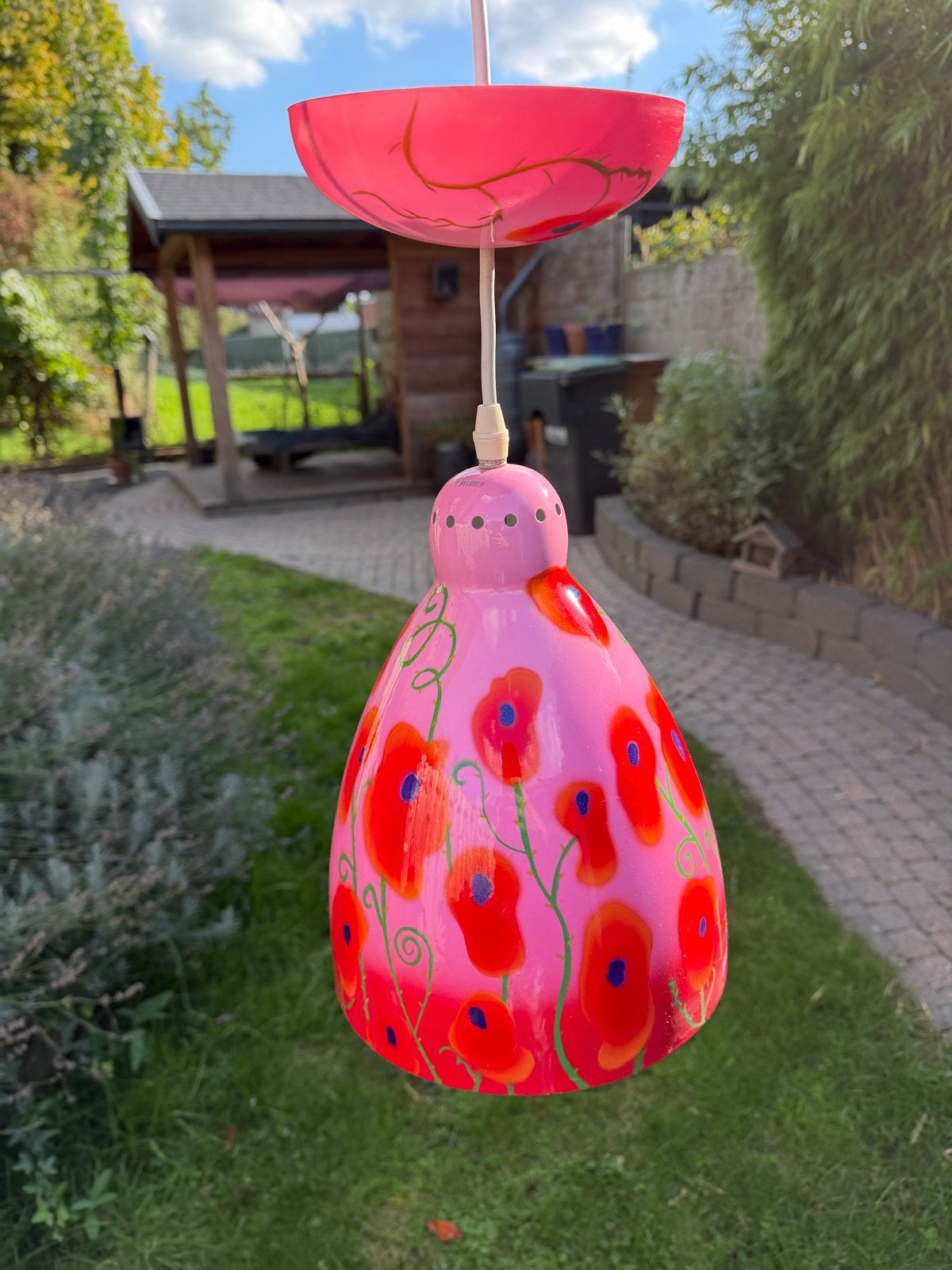 Pylones Globe Trotter hanglamp roze met klaprozen, Zo goed als nieuw, Metaal, Vrolijk, E27 (groot)