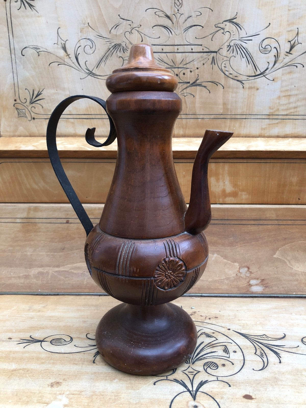 Antieke houten koffiekan met metalen handvat, Ophalen of Verzenden