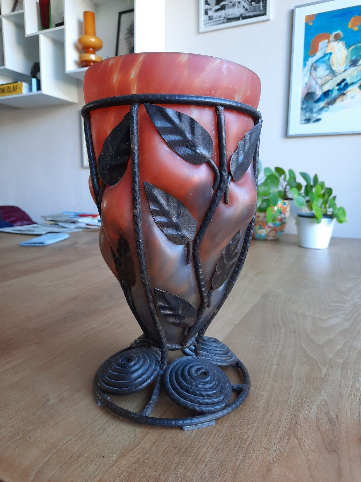 Prachtige Art Deco vaas - glas in smeedijzer - ca 1920, Ophalen