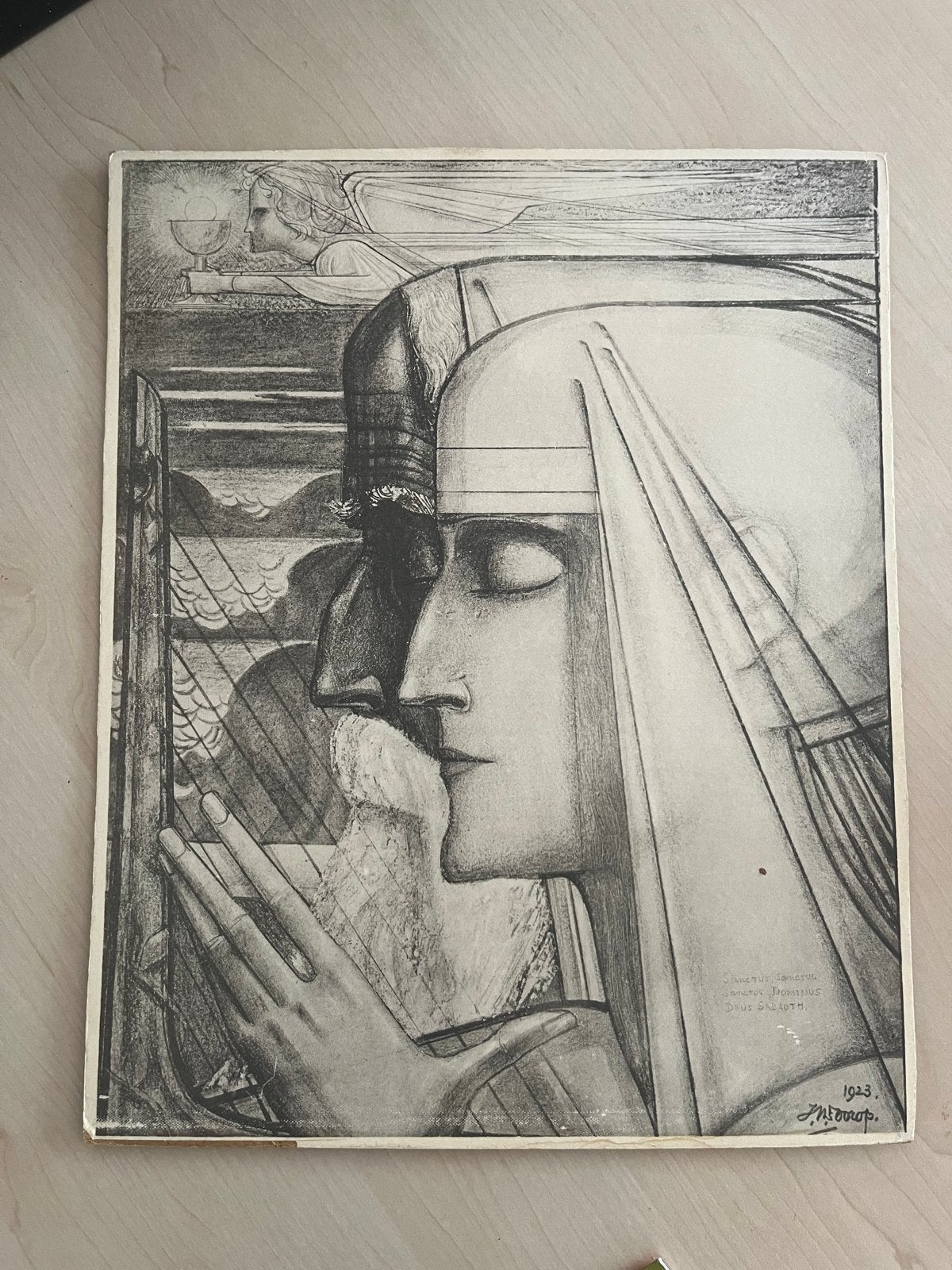Antieke potloodtekening van biddende figuren, 1923, Antiek en Kunst, Ophalen of Verzenden, Tekening, Potloodtekening, Gesigneerd