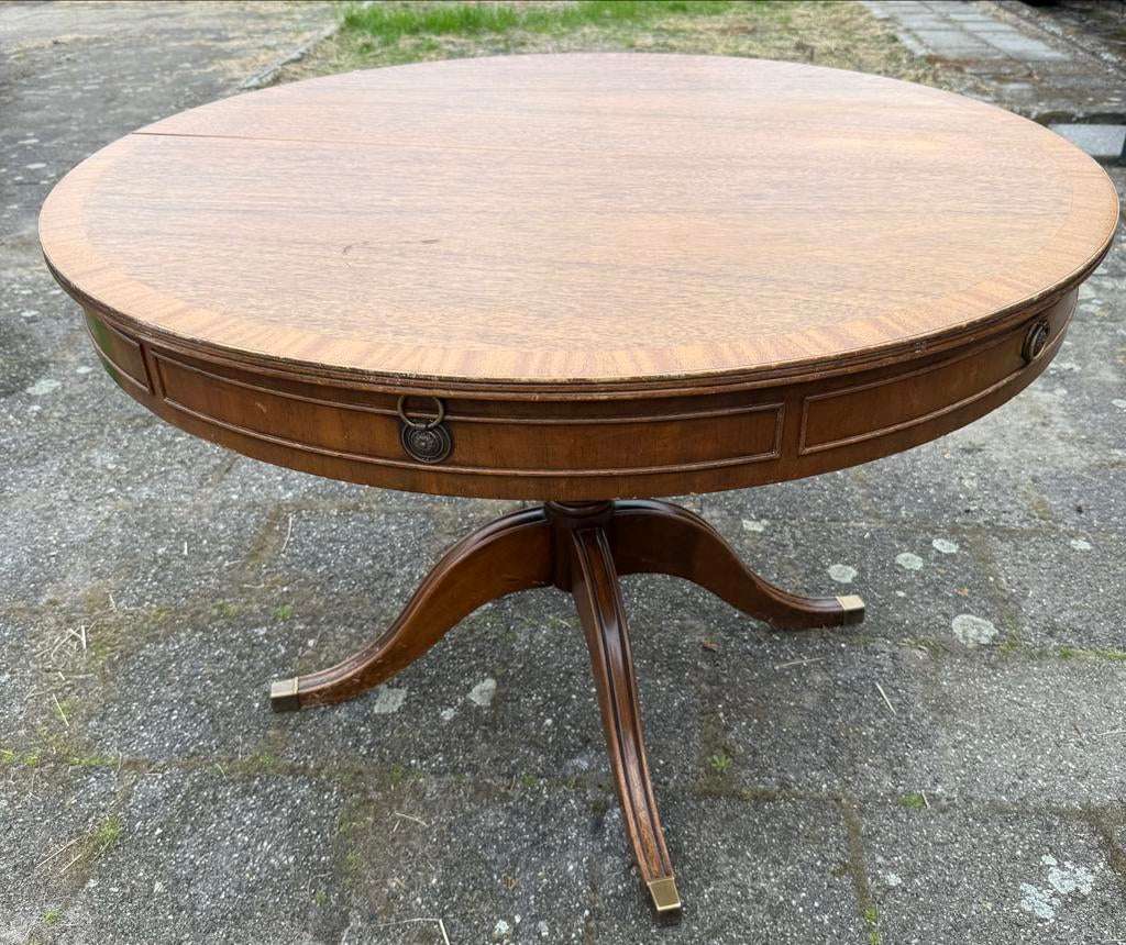 Ronde vintage uitschuifbare houten tafel met koperen details, Ophalen