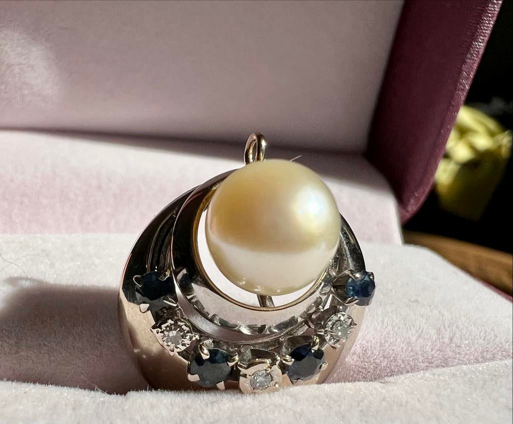 14 kt Witgouden Hanger met Diamant, Saffier en Parel, Gebruikt, Wit, Ophalen of Verzenden, Met edelsteen