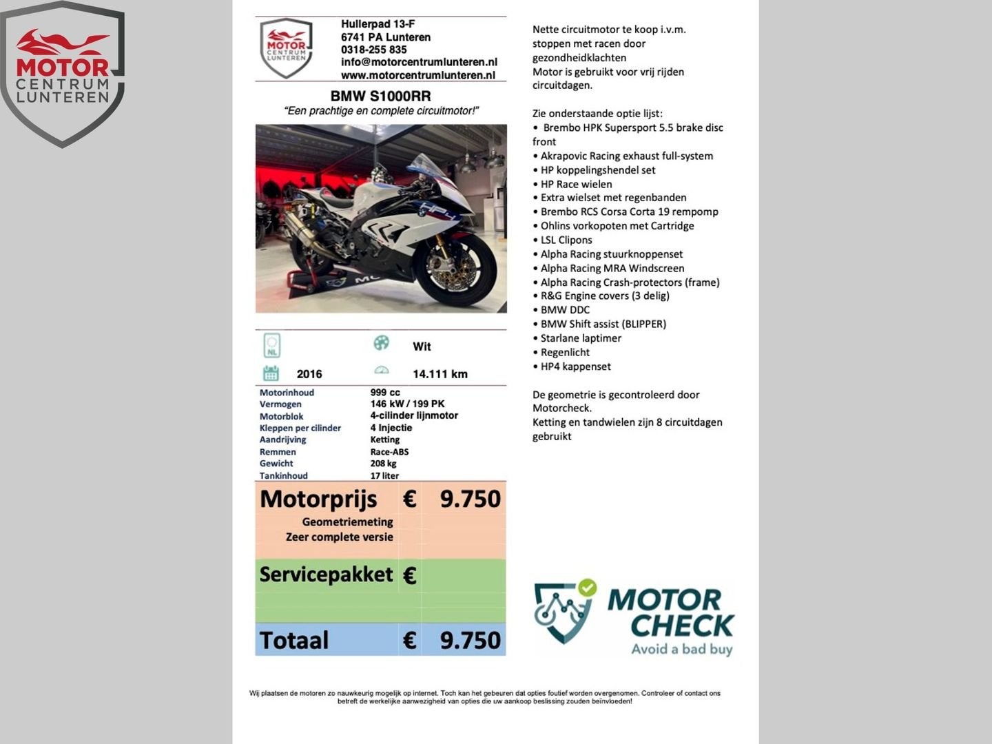 BMW S1000RR circuitmotor vol opties, 4 cilinders, Bedrijf, Onbekend, Super Sport