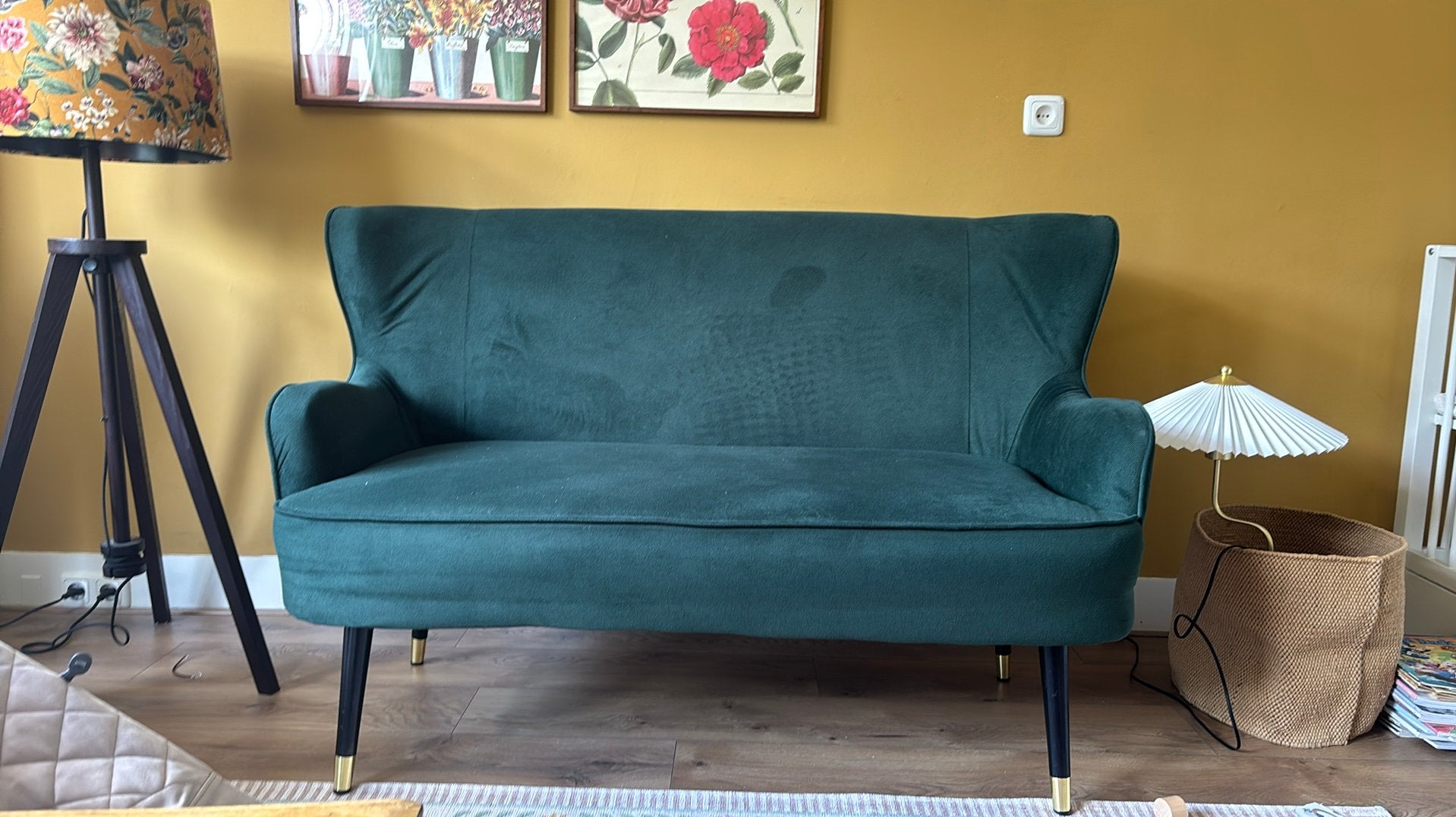 Groen bankje velvet Karwei, Ophalen, Tweepersoons, 75 tot 100 cm, Zo goed als nieuw
