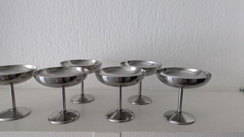 Franse Retro Vintage inox coupes op voetje voor ijs, dessert, Ophalen of Verzenden, Glas, Overige stijlen