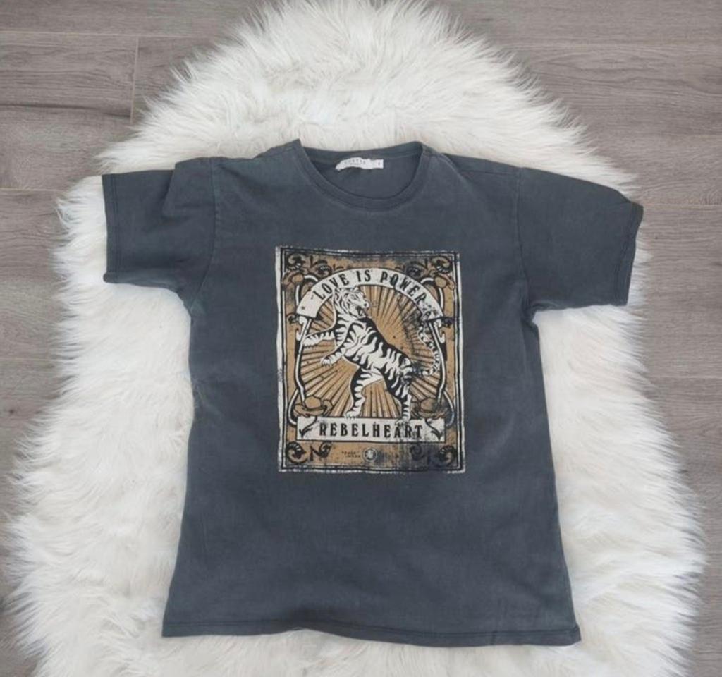Costes Rebelheart T-shirt – Antraciet met Tijgerprint – S, Ophalen of Verzenden, Zo goed als nieuw, Korte mouw, Maat 36 (S)
