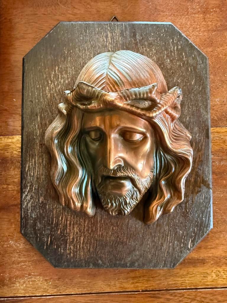 Vintage Jezus Hoofd Reliëf op Houten paneel., Antiek en Kunst, Ophalen