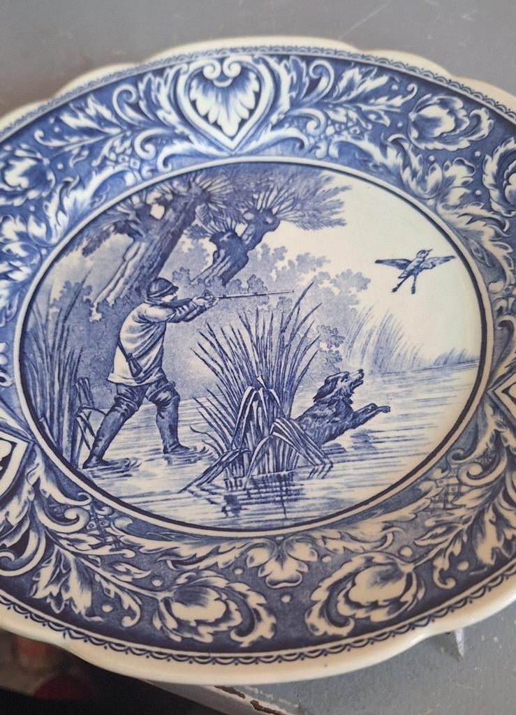 Antiek Delfts Blauw Jachttafereel Bord, Ophalen of Verzenden