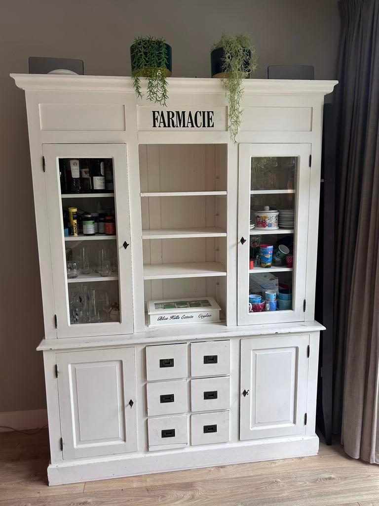 Antieke witte buffetkast 'Farmacie' met glazen deuren, Huis en Inrichting, Kasten | Buffetkasten, Ophalen, Gebruikt, 200 cm of meer