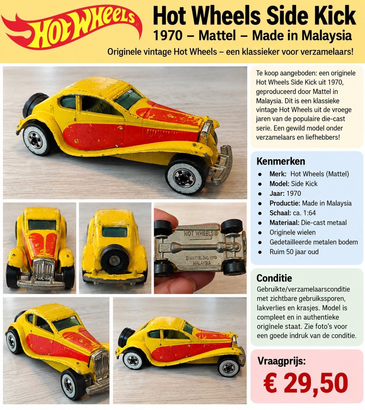 Hot Wheels Side Kick 1970 - Vintage Die-cast Auto, Ophalen of Verzenden, Gebruikt, Auto