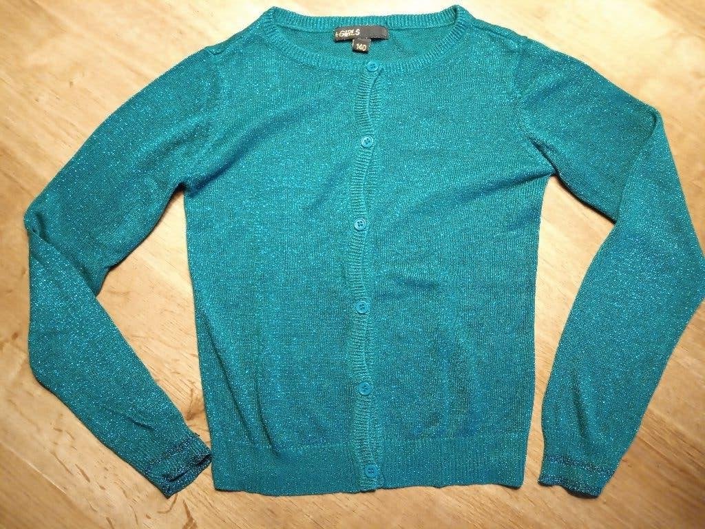 Turquoise vest met glitters maat 140, Ophalen of Verzenden, Gebruikt, Meisje, Trui of Vest