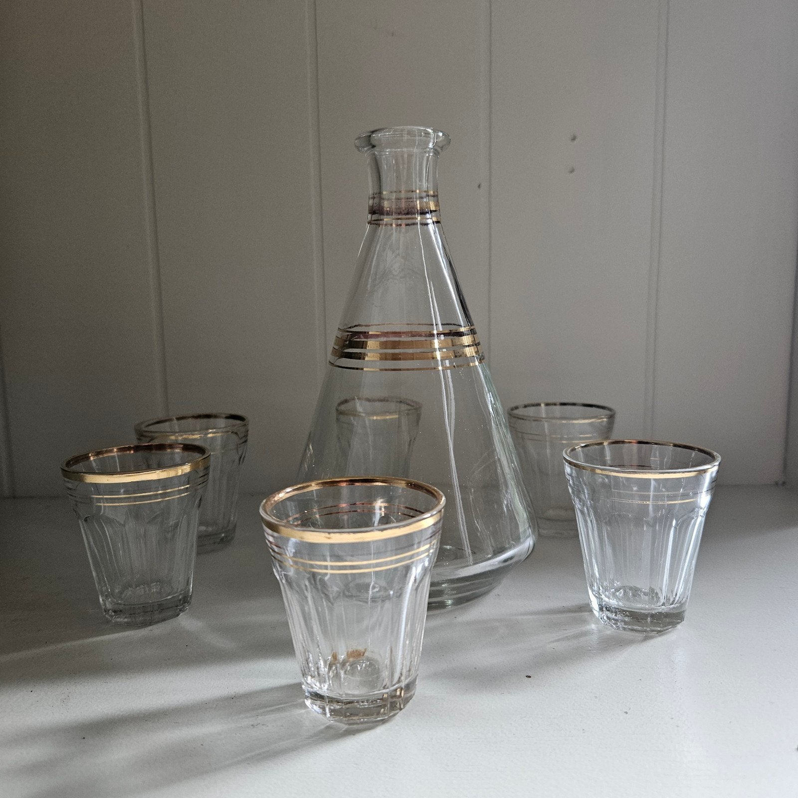 Vintage karaf en glaasjes set met gouden rand, Ophalen of Verzenden