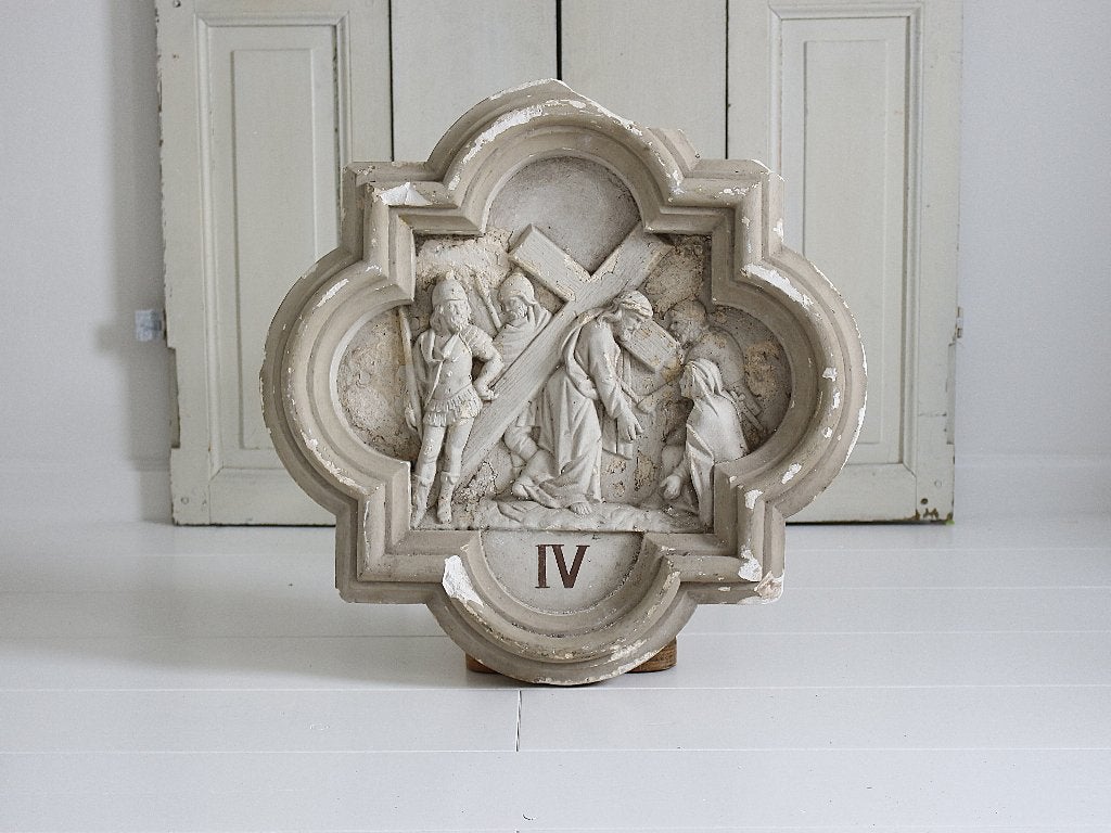 Antiek Franse Statie, Kruisweg nr. IV, Gips Reliëf, Ophalen