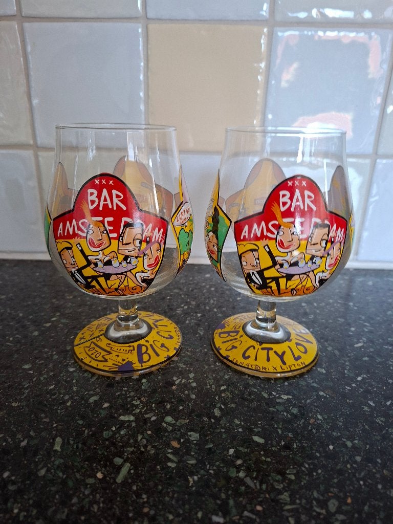 Lipton Amsterdam glazen (2 stuks), Huis en Inrichting, Keuken | Servies, Ophalen of Verzenden, Glas, Overige stijlen, Glas of Glazen
