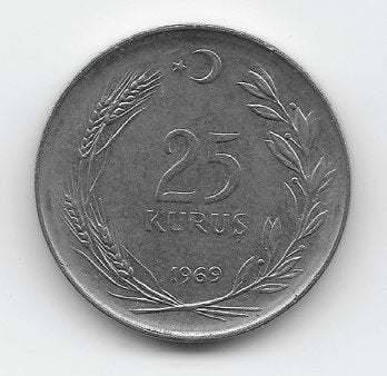 Turkije 25 kurus 1969 KM# 892.3, Ophalen of Verzenden, Midden-Oosten, Losse munt