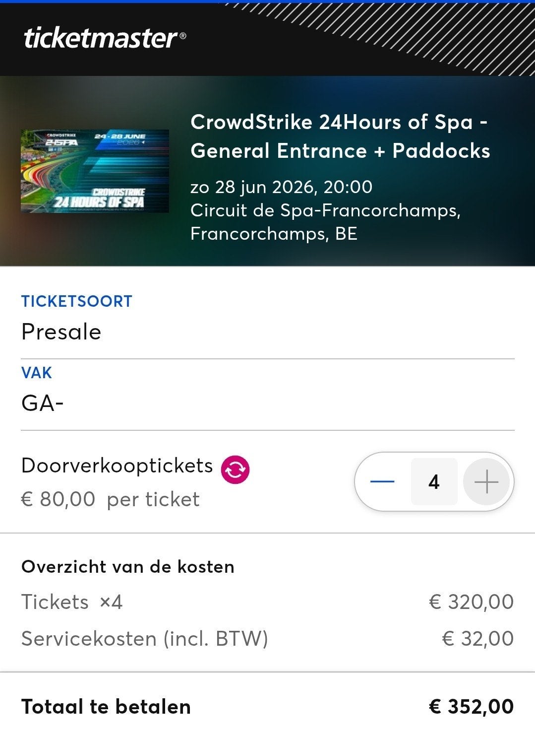 4x Tickets/Kaartjes 24hours SPA, General + Paddocks, Drie personen of meer, Overige soorten, Overige typen