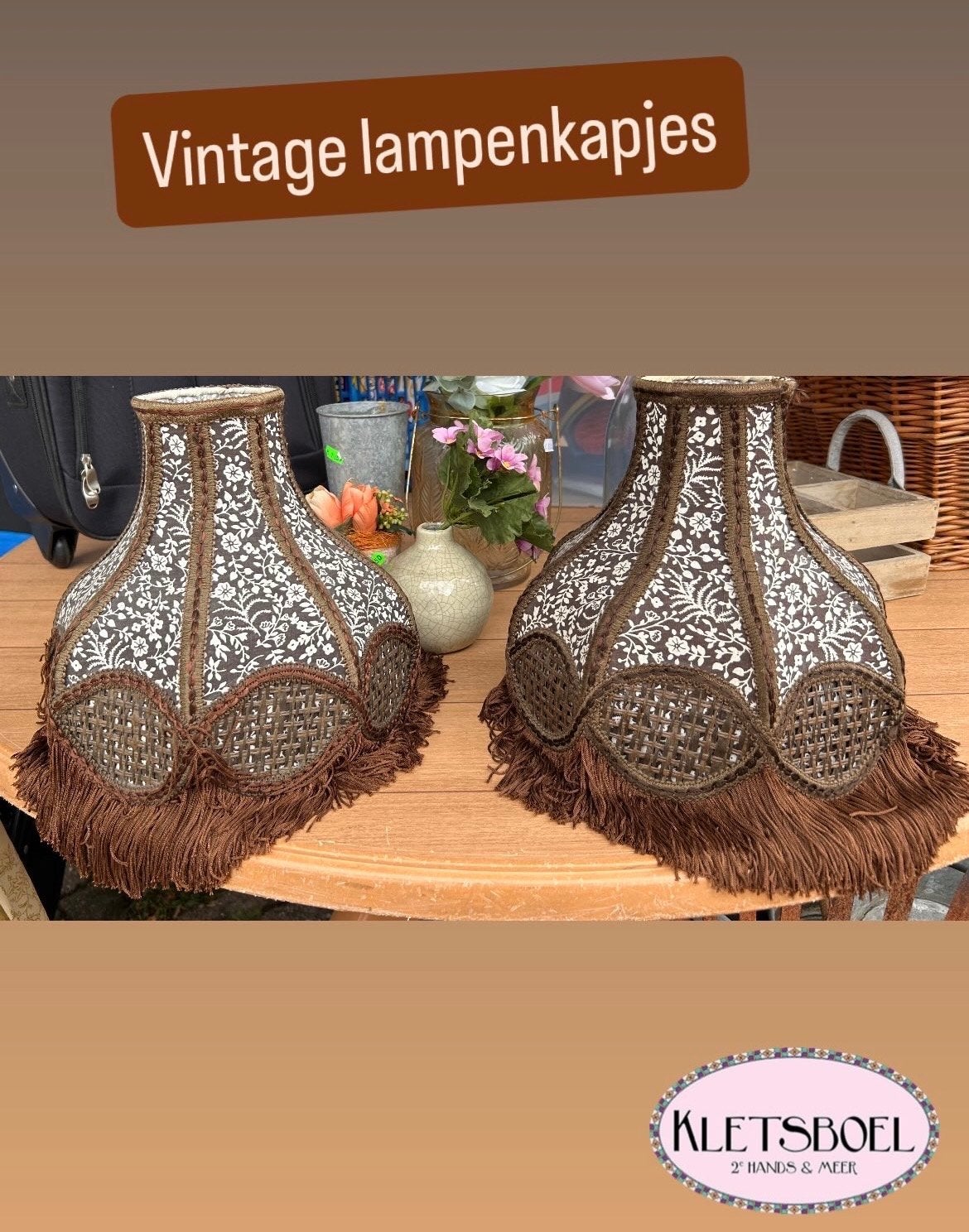 Set van 2 Vintage Lampenkappen met Franjes en Rietwerk, Huis en Inrichting, Gebruikt, ., Ophalen of Verzenden, .