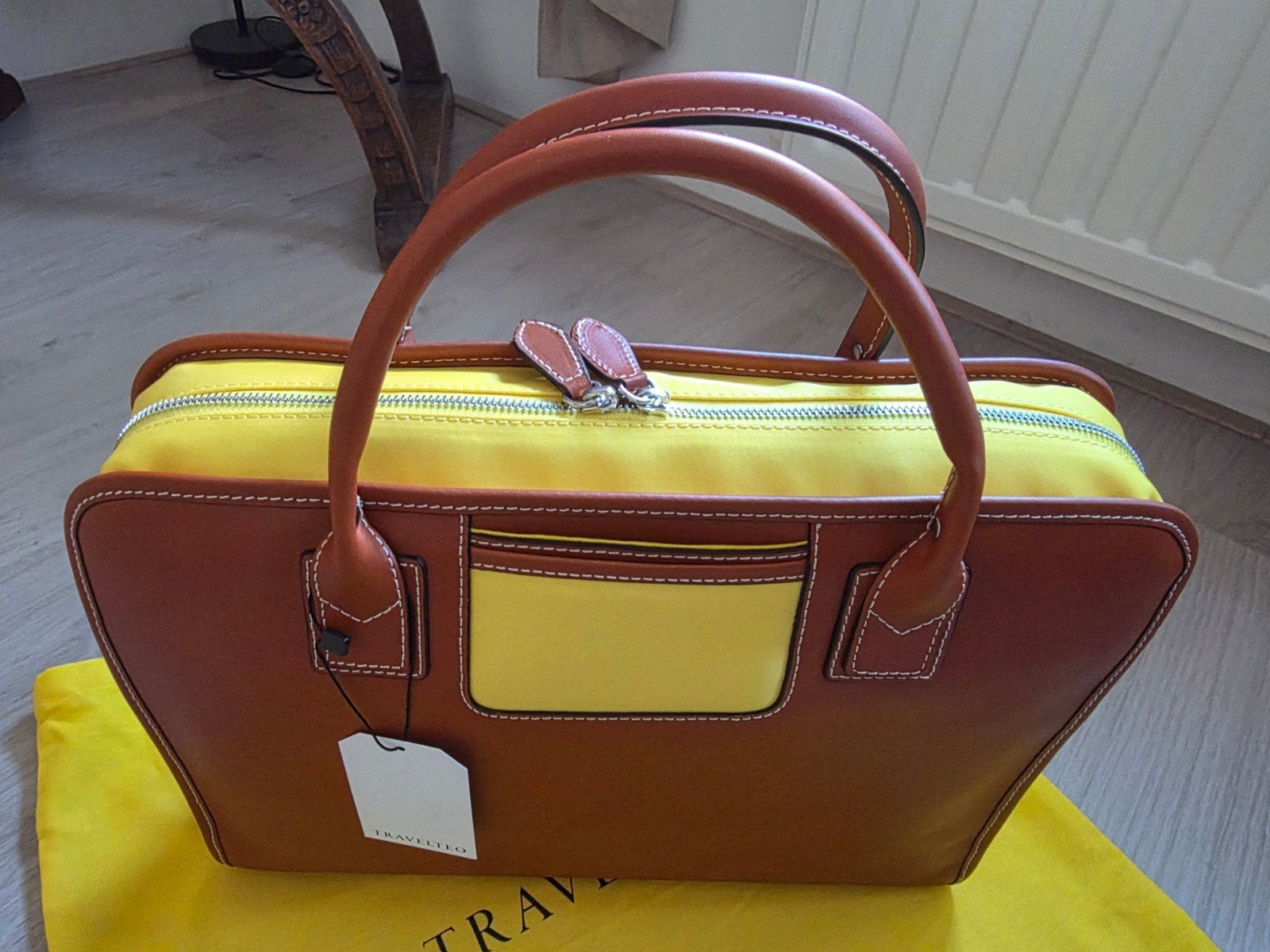 Travelteq Laptoptas Bruin Leer Geel Canvas volledig nieuw, Ophalen, Nieuw, Bruin, Overige typen