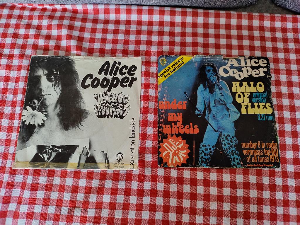Alice Cooper 7 inch 2 stuks Halo of flies / Hello Hooray, Gebruikt, Fotohoes, Overige formaten, Ophalen of Verzenden