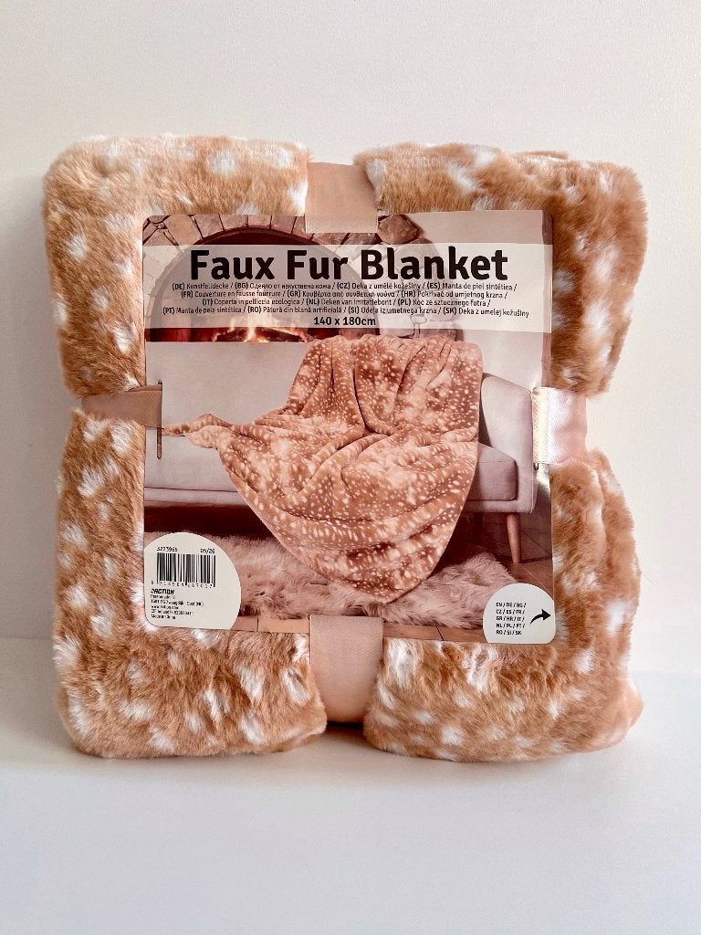 Faux fur herten plaid deken imitatiebont licht Bambi print, Beige, Ophalen of Verzenden, Imitatiebont, Omkeerbaar