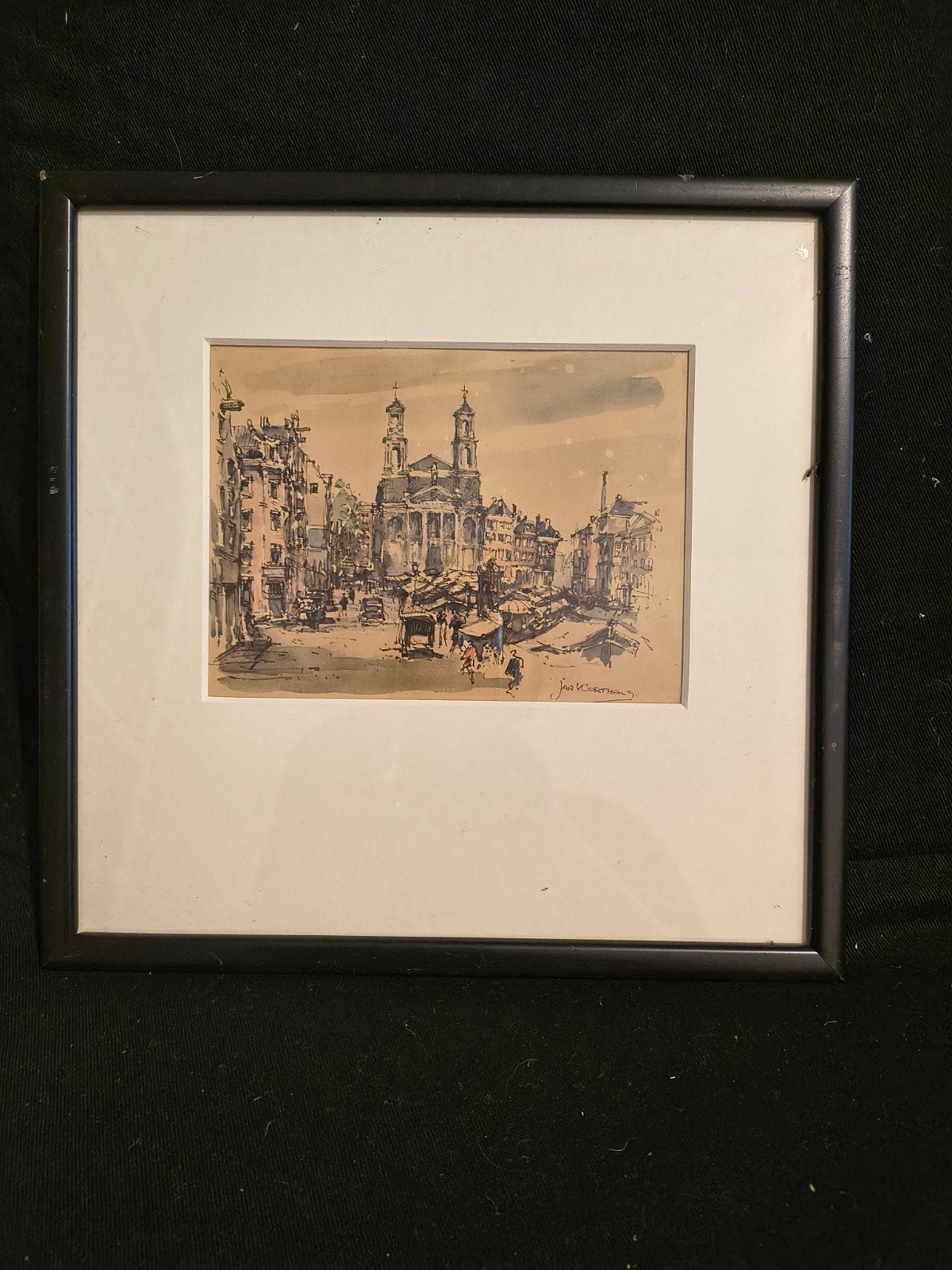 Jan Korthals - Waterlooplein Amsterdam (1963) - Aquarel, Antiek en Kunst, Kunst | Tekeningen en Foto's, Ophalen of Verzenden, Tekening