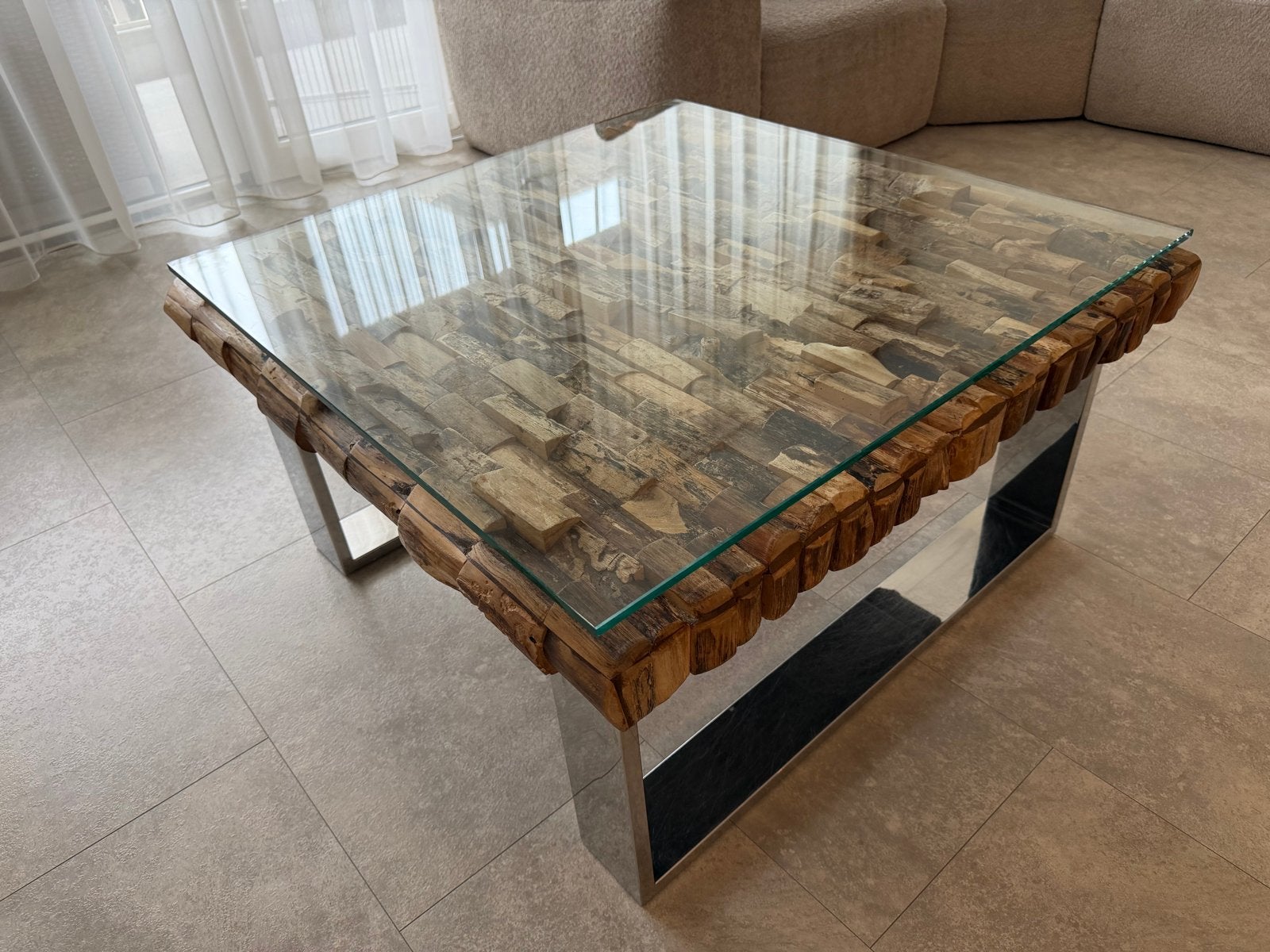 Unieke salontafel en eettafel met glazen blad en hout, Ophalen, 50 tot 100 cm, Zo goed als nieuw, 150 tot 200 cm