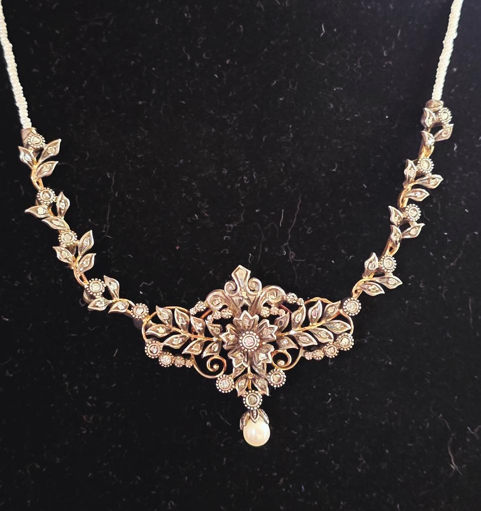 Antieke collier met fijne parels, diamanten, England 1830, Sieraden, Tassen en Uiterlijk, Antieke sieraden, Ophalen of Verzenden