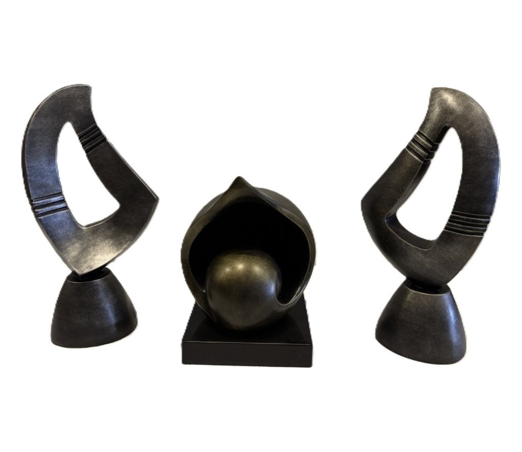 Set van 3 zware metalen abstracte kunstbeelden, koperlook, Ophalen of Verzenden, Beeld, Abstract, Bruin