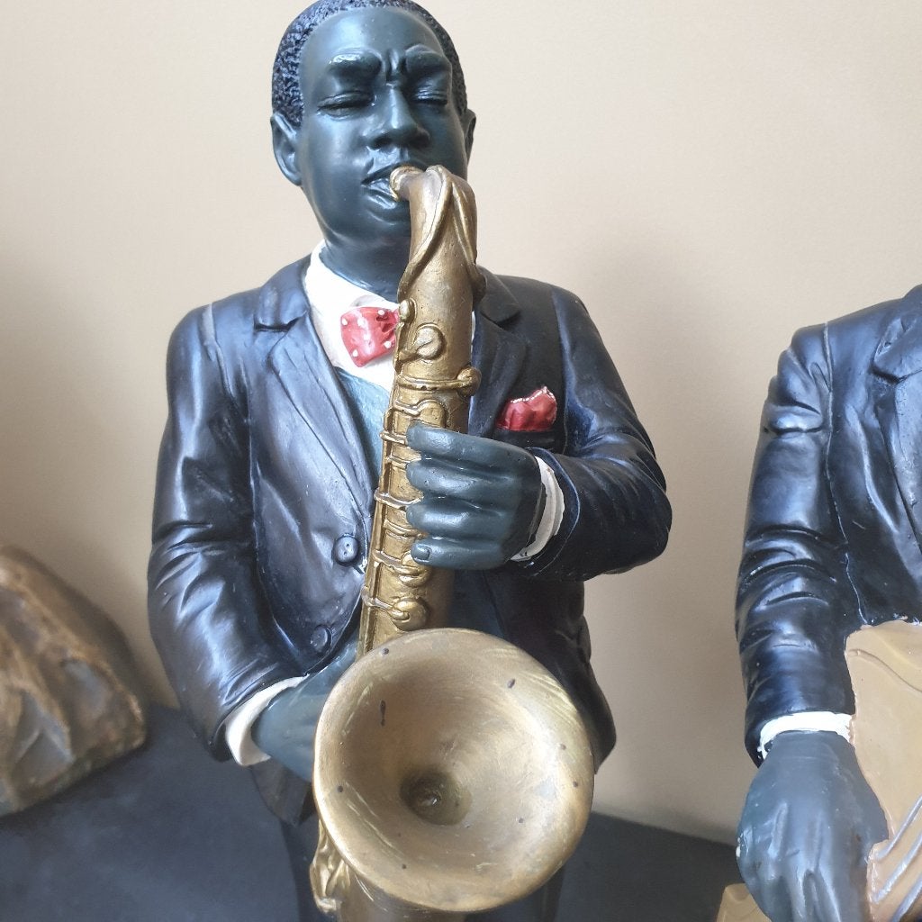 Jazzmuzikanten Beelden - Saxofonist en Contrabassist, Ophalen, Overige onderwerpen, Kunststof, 20 - 50 cm