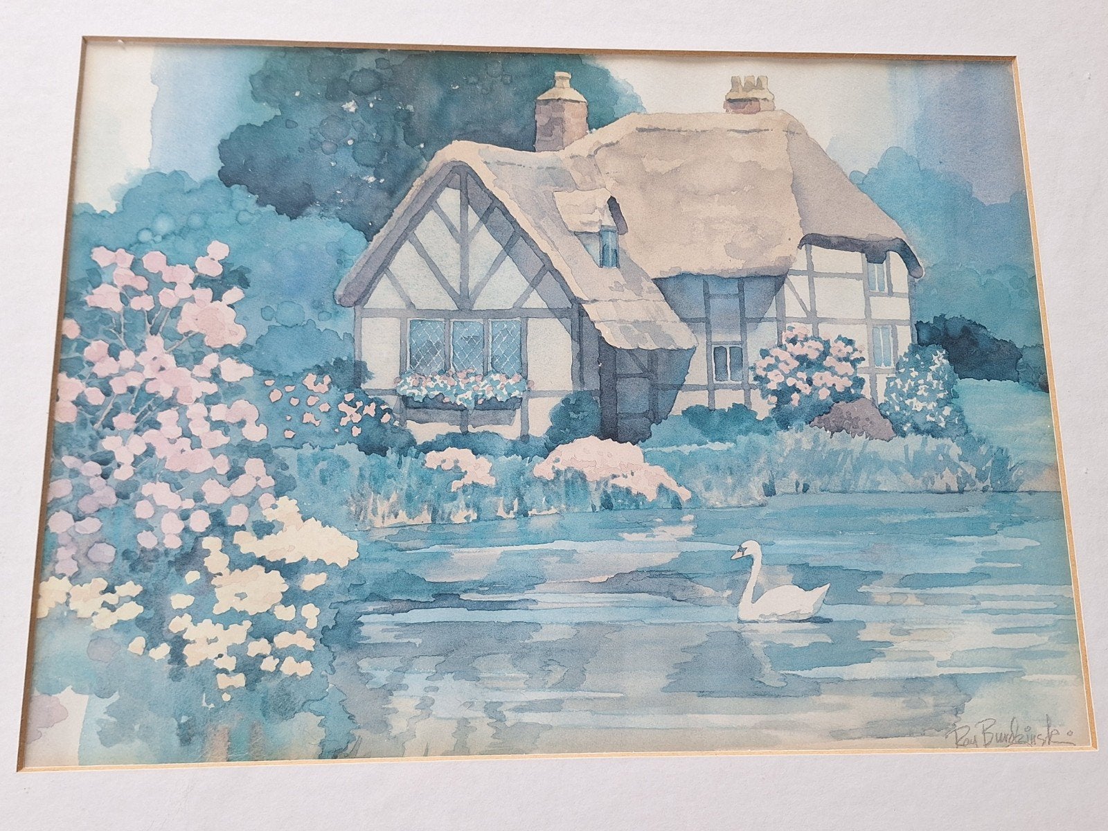Schilderij van Ray Burdzinski: Huisje aan water met zwaan, Antiek en Kunst, Kunst | Schilderijen | Klassiek, Ophalen of Verzenden