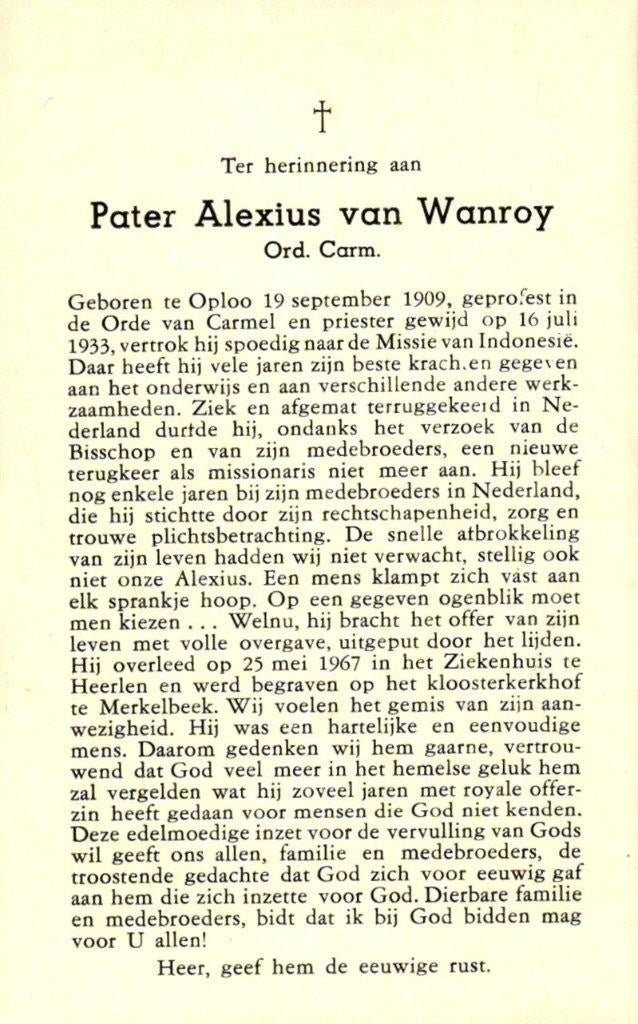 Wanroy van Alexius (pater) Oploo 1909-1967 Merkelbeek, Ophalen of Verzenden