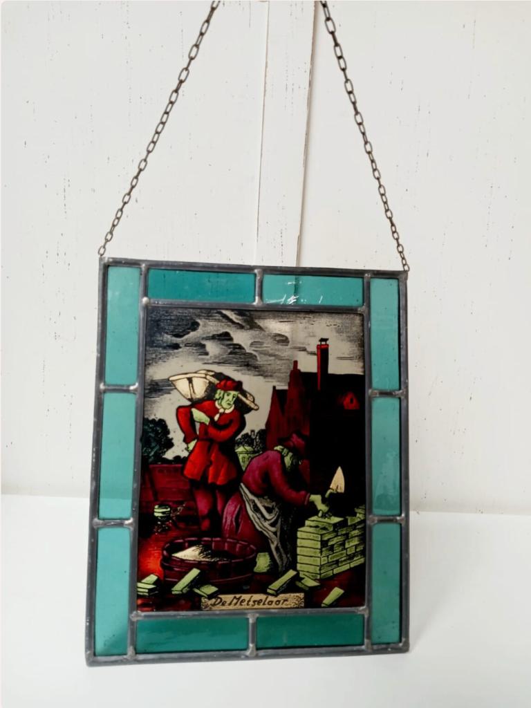 Vintage glas in lood raamdecoratie “De Metselaar”, Ophalen of Verzenden