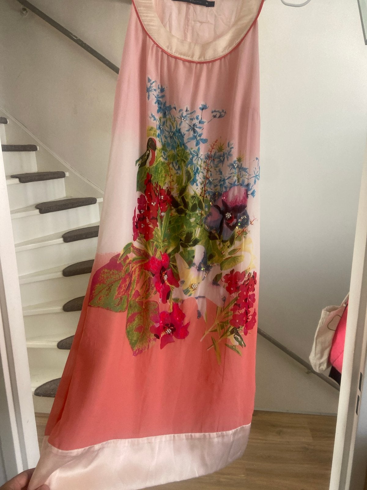 Zomerse jurk met bloemenprint en vogel, Maat 38/40 (M), Ophalen of Verzenden, Zo goed als nieuw, Roze
