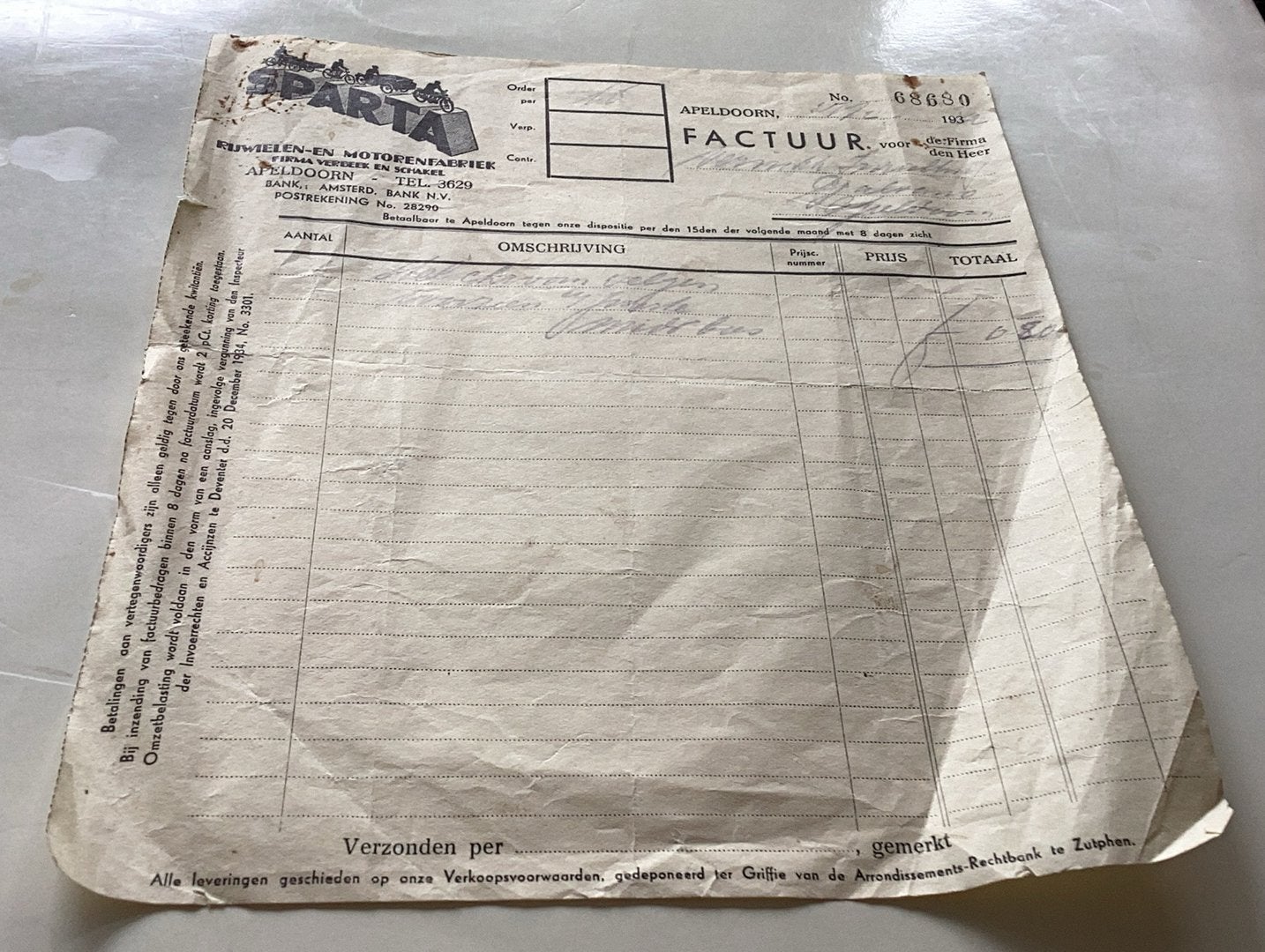 Sparta Apeldoorn factuur uit 1942, Ophalen of Verzenden, Zo goed als nieuw, Overige typen