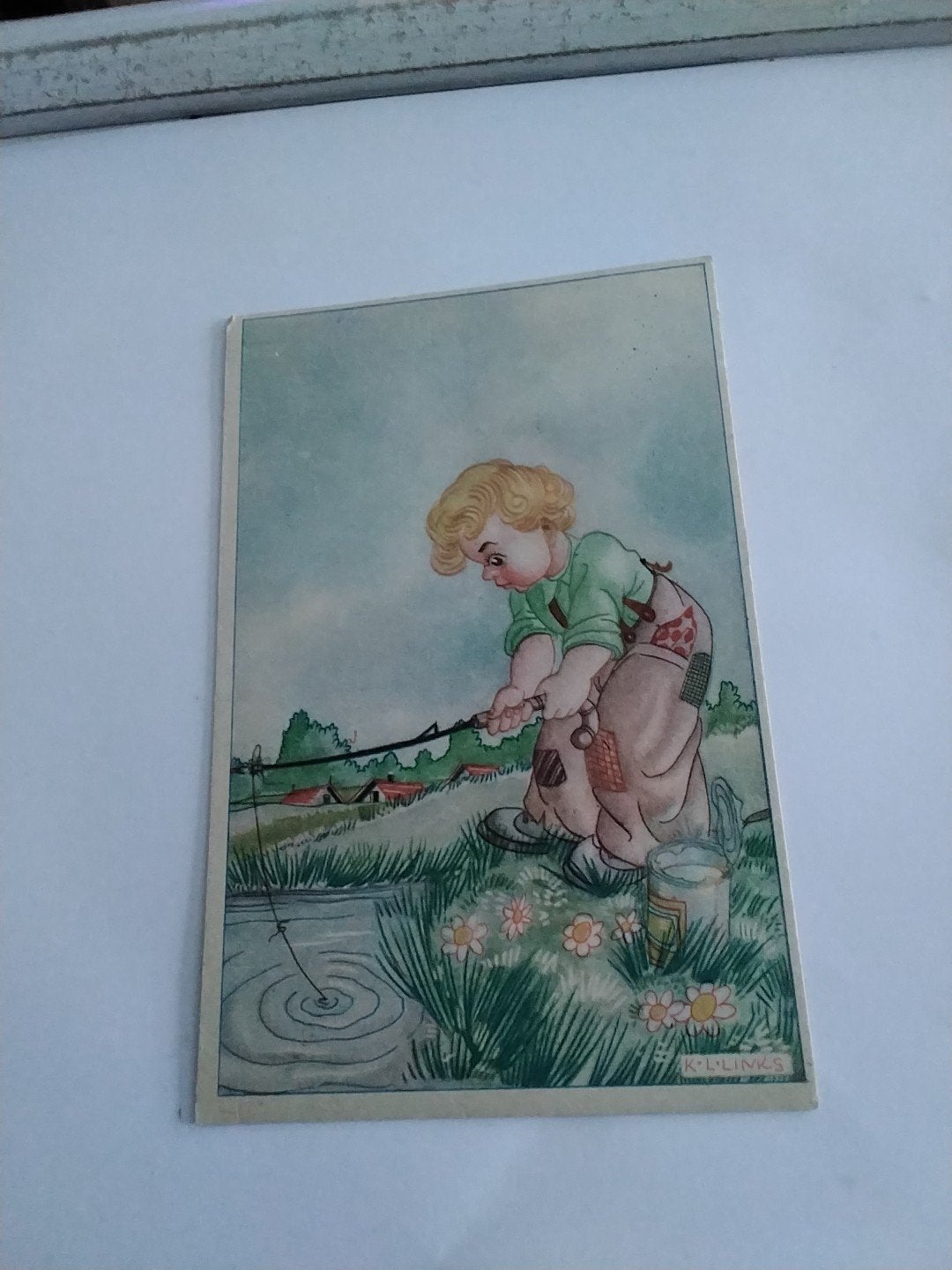 Oude ansichtkaart met vissertje KAREL .LINKS. 1947, Ophalen of Verzenden, 1940 tot 1960, Zuid-Holland