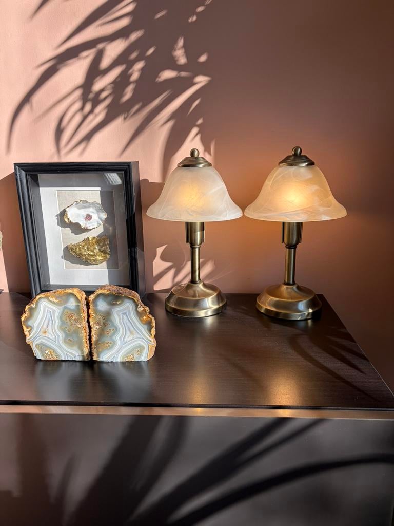 Set van 2 vintage messing tafellampen met albastlook glas, Ophalen of Verzenden, Gebruikt, Glas