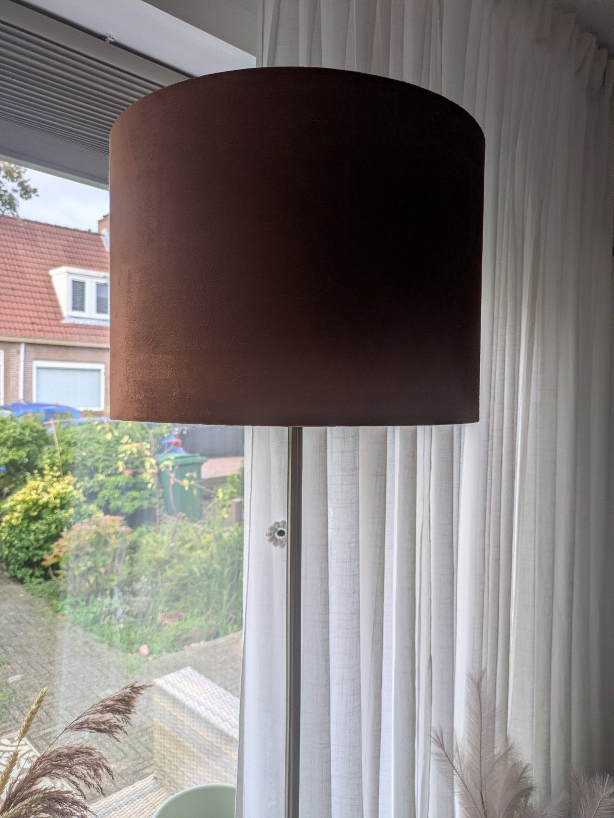 Staande lamp met oranje velours kap, Ophalen, Metaal, E27 (groot), Zo goed als nieuw