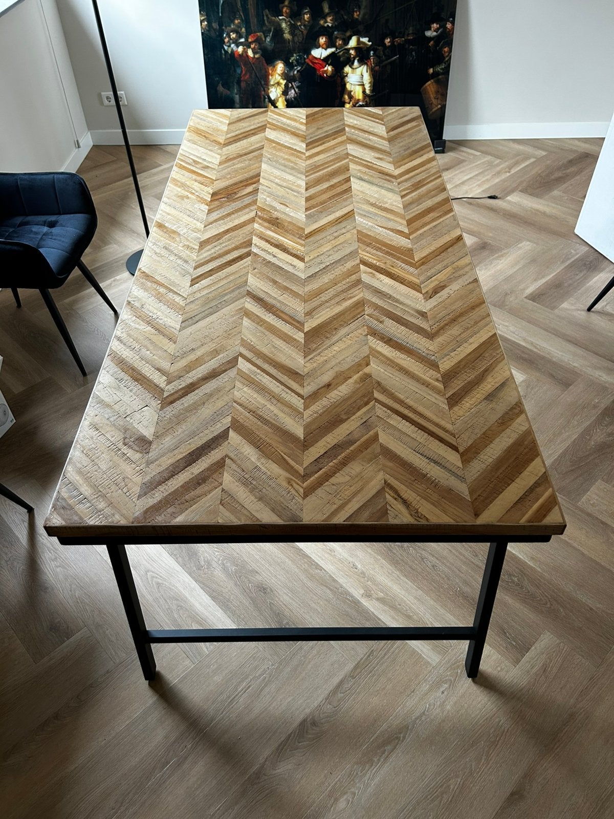 Eettafel Mateo visgraat teakhout 200 x 90, Ophalen, Teakhout, 200 cm of meer, 50 tot 100 cm