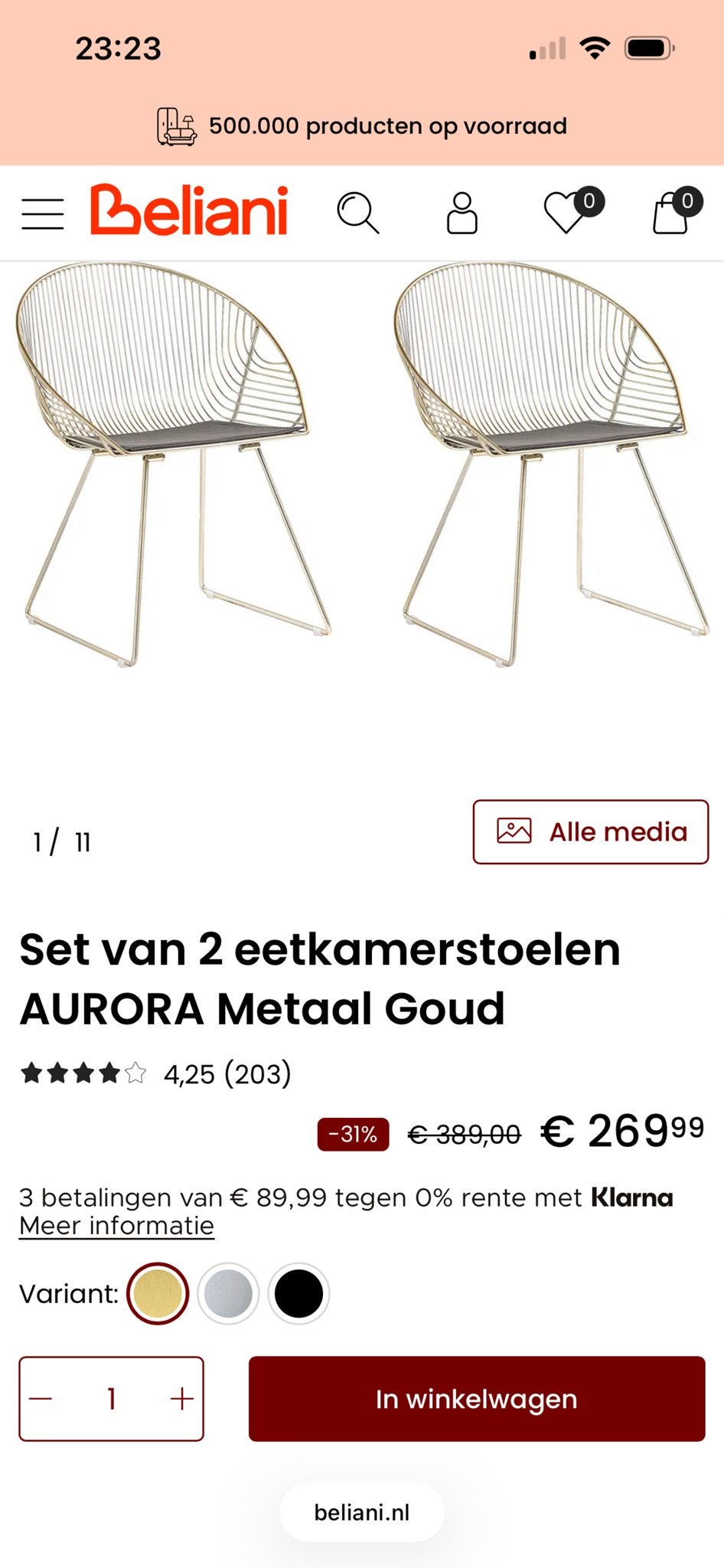 Set van 4 gouden metalen eetkamerstoelen AURORA, Ophalen, Overige kleuren, Zo goed als nieuw, Vier