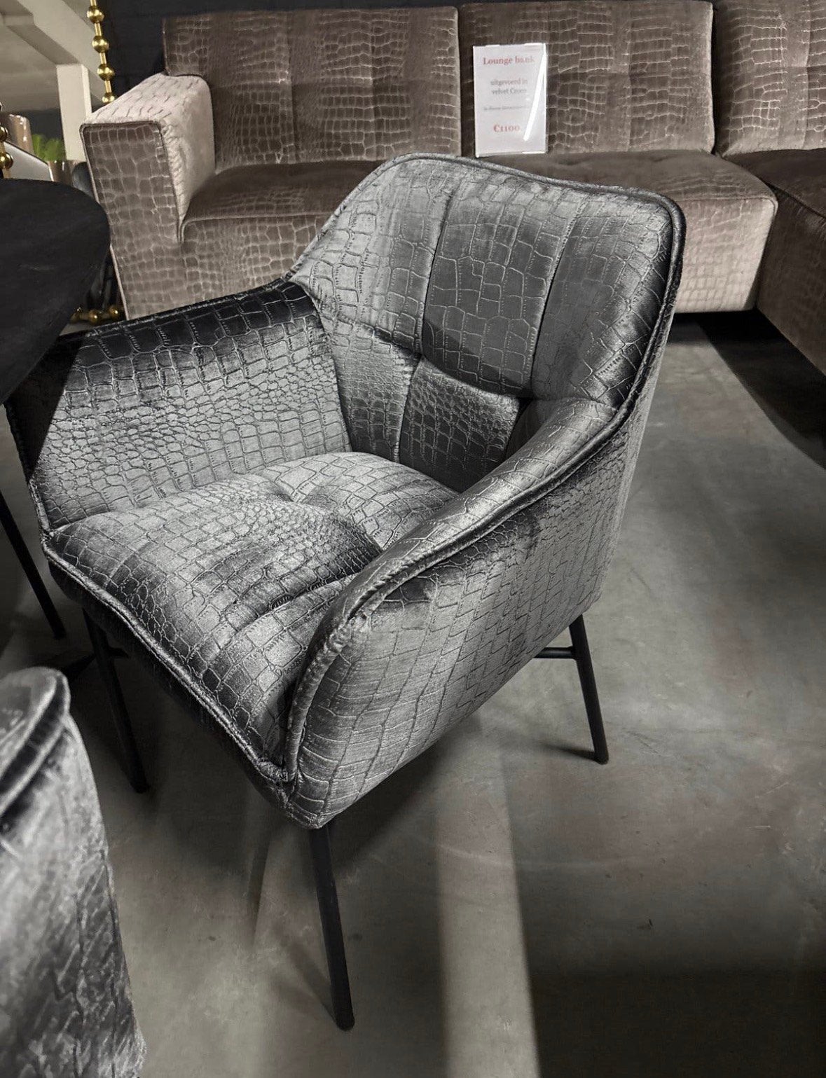 6 eetkamerstoelen velvet antraciet croco, Overige materialen, Ophalen of Verzenden, Zo goed als nieuw, Grijs