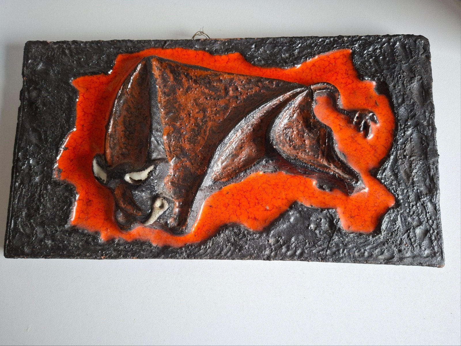 Vintage stier Wanddecoratie Keramiek Oranje Zwart, Ophalen