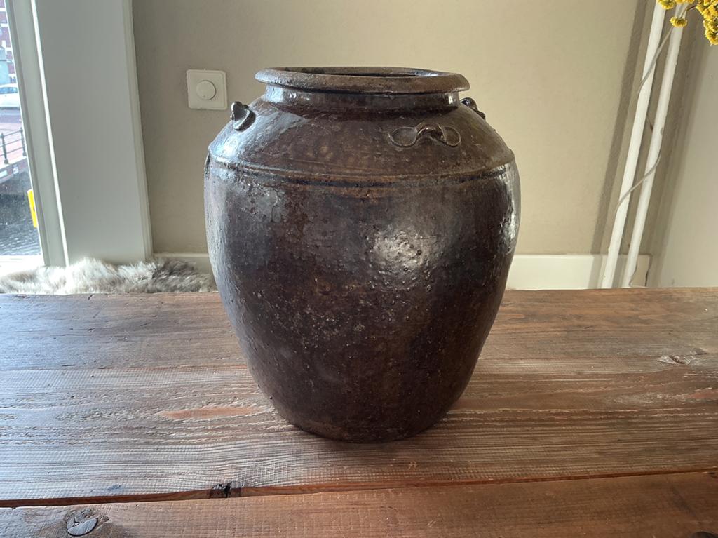 Oude Geglazuurde Kruik Pot uit India * Bruin, Tuin en Terras, Bloempotten, Rond, Ophalen of Verzenden, Zo goed als nieuw, Aardewerk