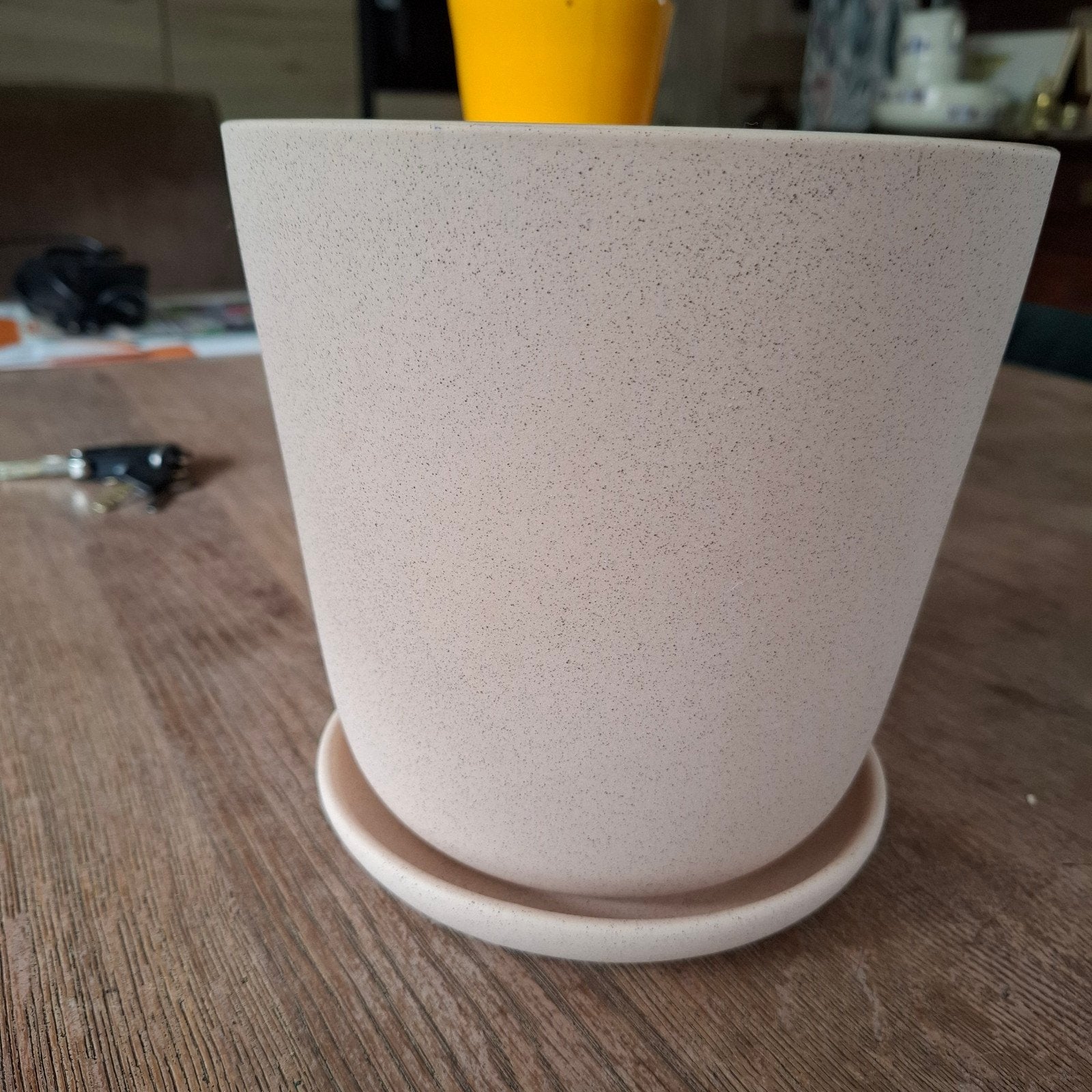 Stijlvolle bloempot met schotel - Beige, gebruikt, Ophalen of Verzenden, Gebruikt