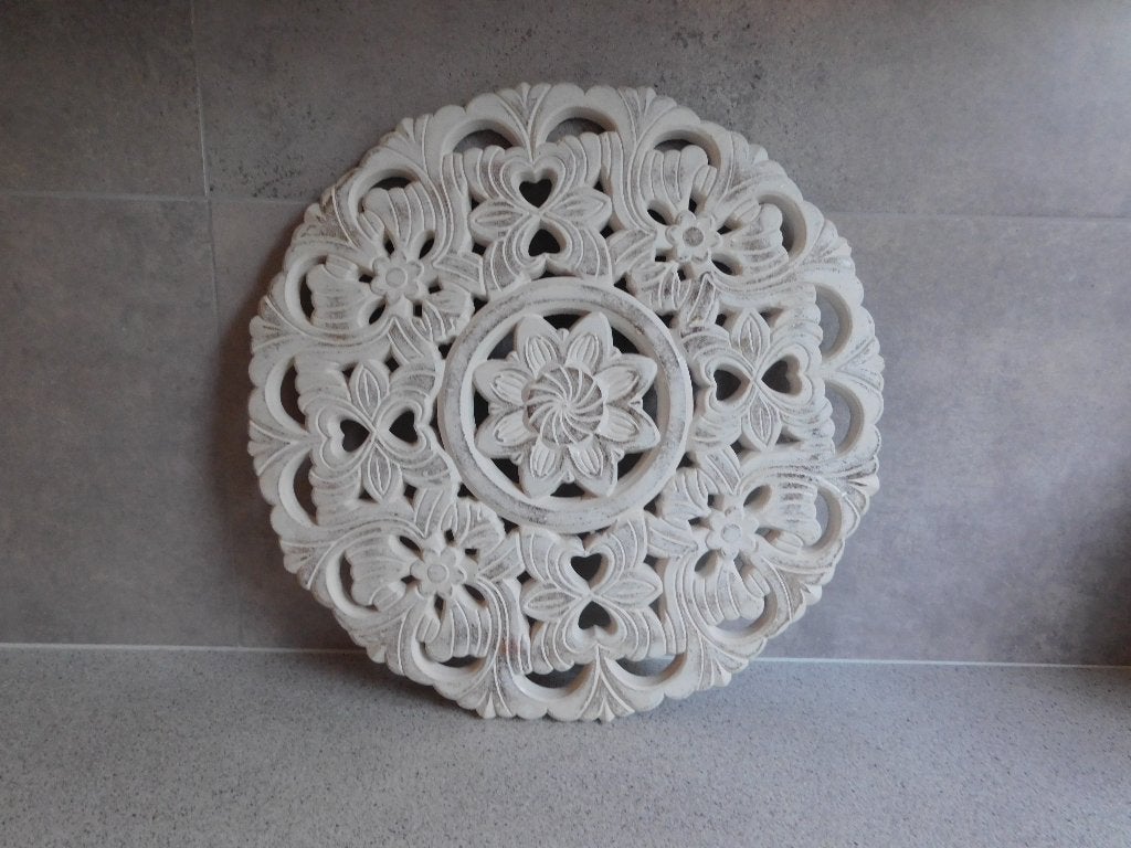 Wanddecoratie 37 cm. Mandala MDF Wit, Hout, Vintage, 37 cm, Ophalen of Verzenden