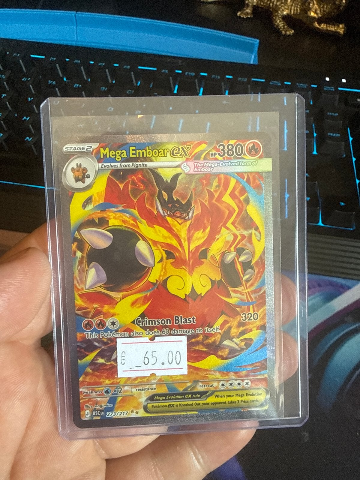 Mega Emboar EX Pokémon Kaart - Zeldzaam en Krachtig, Ophalen of Verzenden, Zo goed als nieuw, Losse kaart
