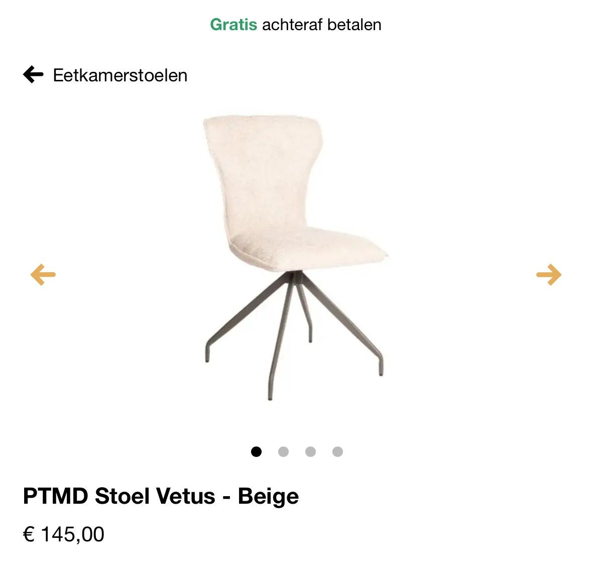 Set van 5 PTMd Stoel Vetus - Beige Eetkamerstoelen, Huis en Inrichting, Stoelen, Ophalen, Overige kleuren, Zo goed als nieuw, Stof