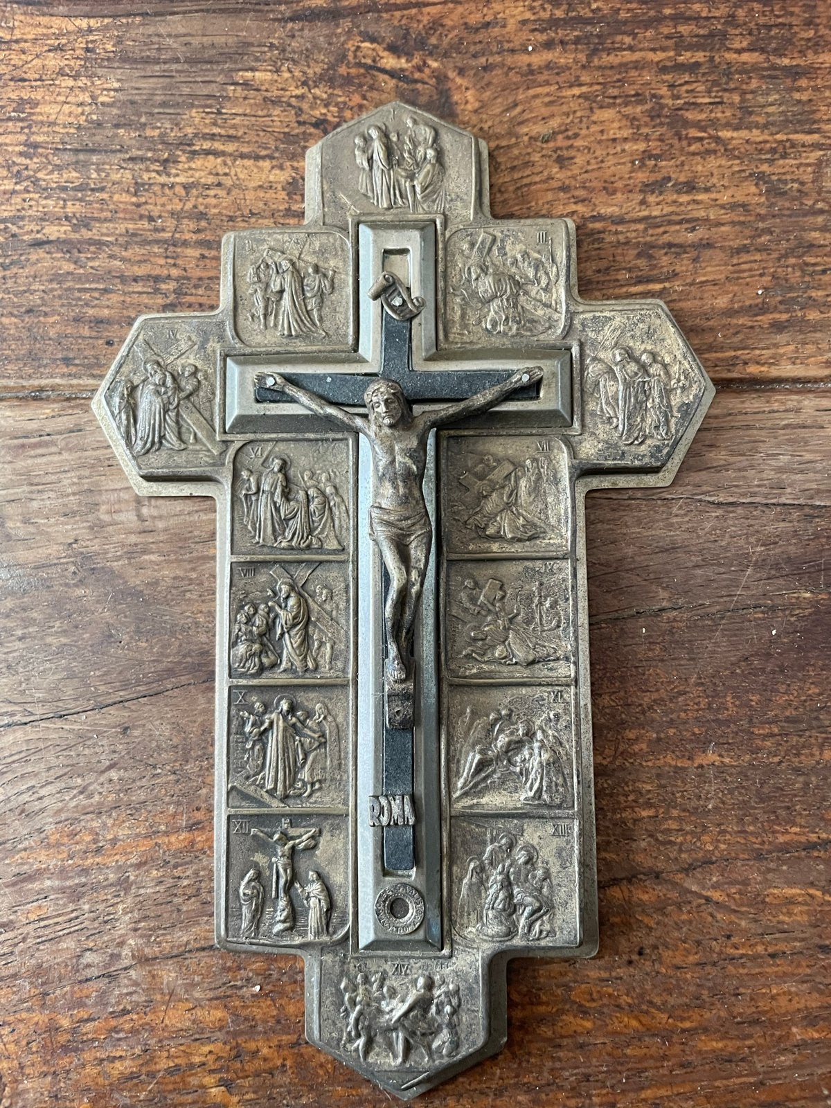 Antiek Bronzen Kruis met Christus en kruisweg crucifix, Antiek en Kunst, Ophalen of Verzenden
